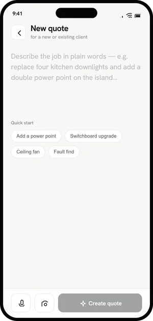 The new-quote screen: a text box to describe the job, quick-start buttons for common jobs, and a recording in progress.