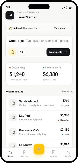 The home screen showing money outstanding, money paid this month and recent quotes and invoices with their status.