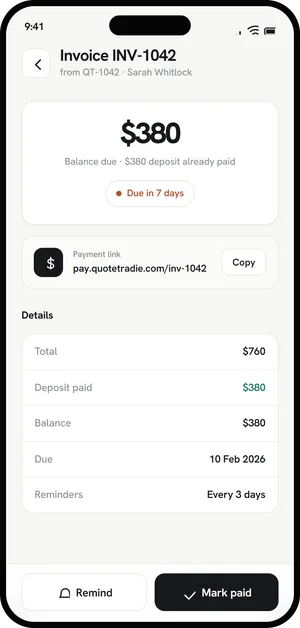 An invoice with a $380 balance due after deposit, a payment link and reminders every 3 days.