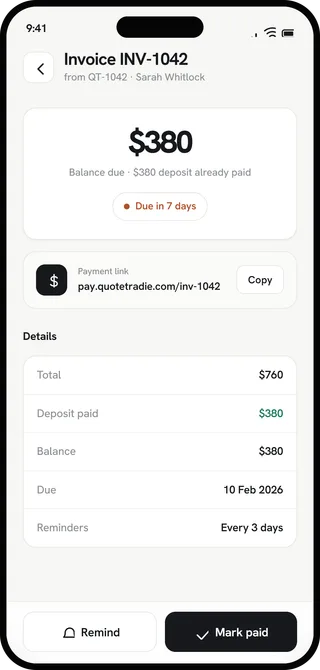 Invoice INV-1042 showing a $380 balance due after a $380 deposit, a payment link and reminders every 3 days.