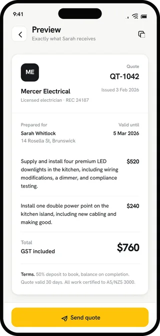 Preview of quote QT-1042 as the customer sees it: Mercer Electrical’s details and licence number, the scope of works, a $760 total including GST, and the terms.