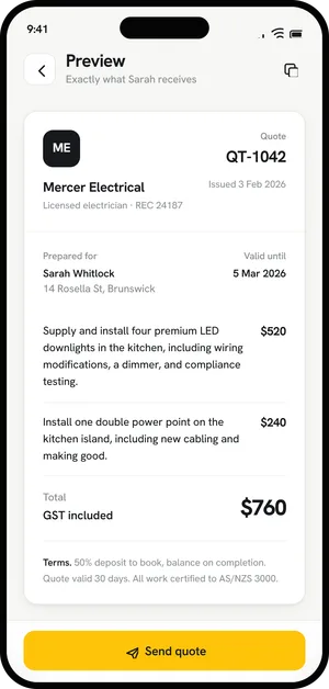 A quote PDF preview with the business name, licence number, scope of works, a $760 total including GST, and terms.