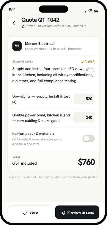 QuoteTradie quote screen: quote QT-1042 for Sarah Whitlock with a scope of works for four LED downlights and a double power point, totalling $760 including GST, marked as saved.