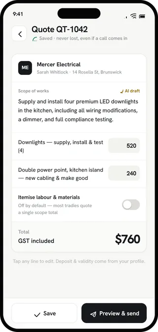 An editable quote showing two line items built from the tradie’s own rates, with an option to itemise labour and materials.